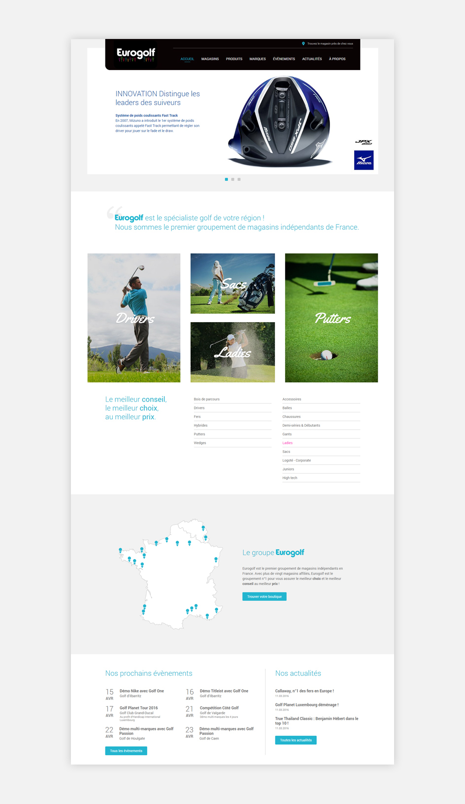 page d'accueil du site internet en responsive design d'Eurogolf, groupement de magasins spécialisés dans le golf en France, Belgique et Luxembourg