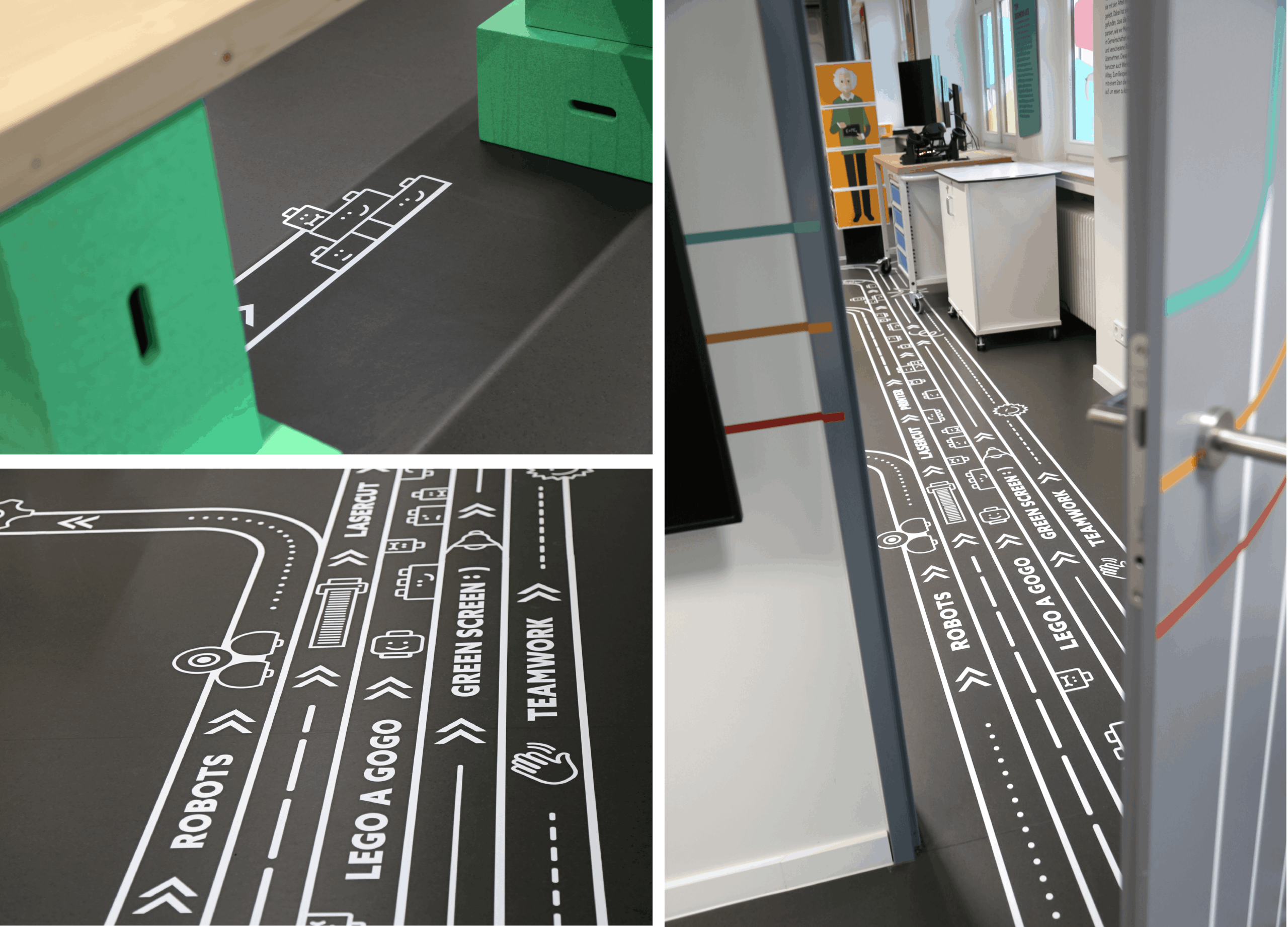Montage de trois photos montrant la signalétique au sol d'un gris foncé. Les graphismes blancs imitent des circuits ou des rails et incluent des icônes et des mots-clés indiquant les différentes zones : ROBOTS, LASERCUT, GREEN SCREEN, LEGO A GOGO et TEAMWORK. Une des images montre également le pied d'un établi en bois posé sur des blocs vert vif.