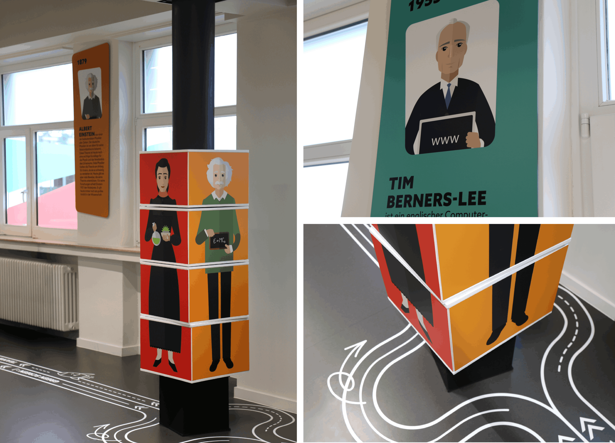 Montage montrant la décoration pédagogique. Un pilier central est entouré de cubes rotatifs illustrant des scientifiques comme Marie Curie et Albert Einstein. Des panneaux biographiques sur les murs présentent Einstein et Tim Berners-Lee. Au sol, les lignes de signalétique blanches serpentent autour des obstacles et bifurquent avec des flèches de direction.