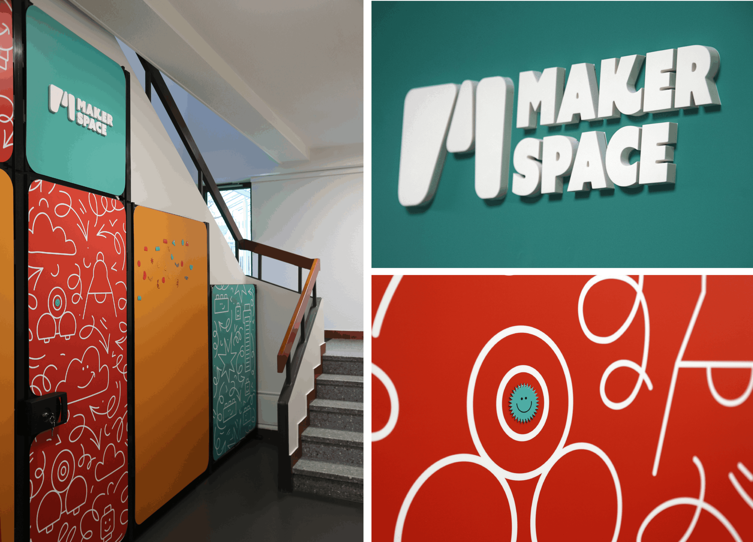 Montage de l'identité visuelle du Maker Space. À gauche, vue d'ensemble de panneaux muraux colorés (rouge, orange, bleu) près d'un escalier. En haut à droite, le logo « MAKER SPACE » en lettres blanches 3D sur fond bleu canard. En bas à droite, gros plan sur un motif mural rouge avec des dessins au trait blanc et un petit soleil souriant bleu.