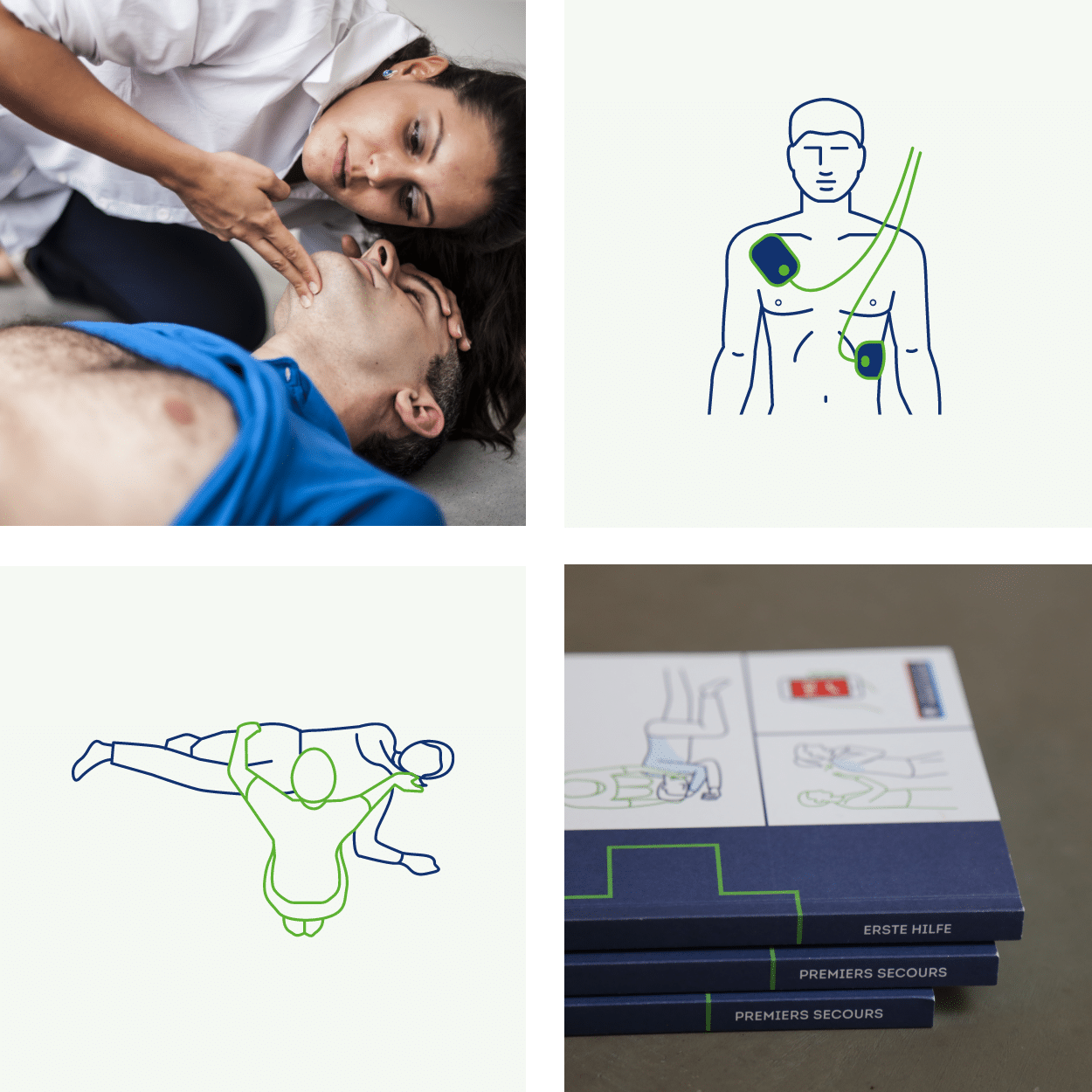 Cette image est composée de quatre sections distinctes qui illustrent des thèmes liés aux premiers secours. En haut à gauche, une photographie montre une personne pratiquant une vérification des signes vitaux sur un individu inconscient, un geste essentiel en situation d'urgence pour déterminer si une réanimation est nécessaire. En haut à droite, un schéma anatomique présente la position des électrodes d'un défibrillateur automatique externe (DAE) sur la poitrine d'un patient, accompagné des câbles de connexion. En bas à gauche, une illustration schématique montre la position latérale de sécurité (PLS), une technique utilisée pour maintenir une personne inconsciente mais respirante dans une position stable afin de dégager les voies respiratoires et prévenir l'étouffement. Enfin, en bas à droite, trois brochures empilées sur les premiers secours sont visibles, avec des couvertures illustrées et les titres Erste Hilfe et Premiers Secours. L'image globale met en avant l'importance des connaissances pratiques en premiers secours.