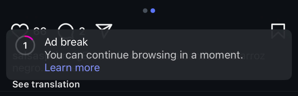 "ad break" meta, il faut patienter quelques secondes pour mettre fin à la pub