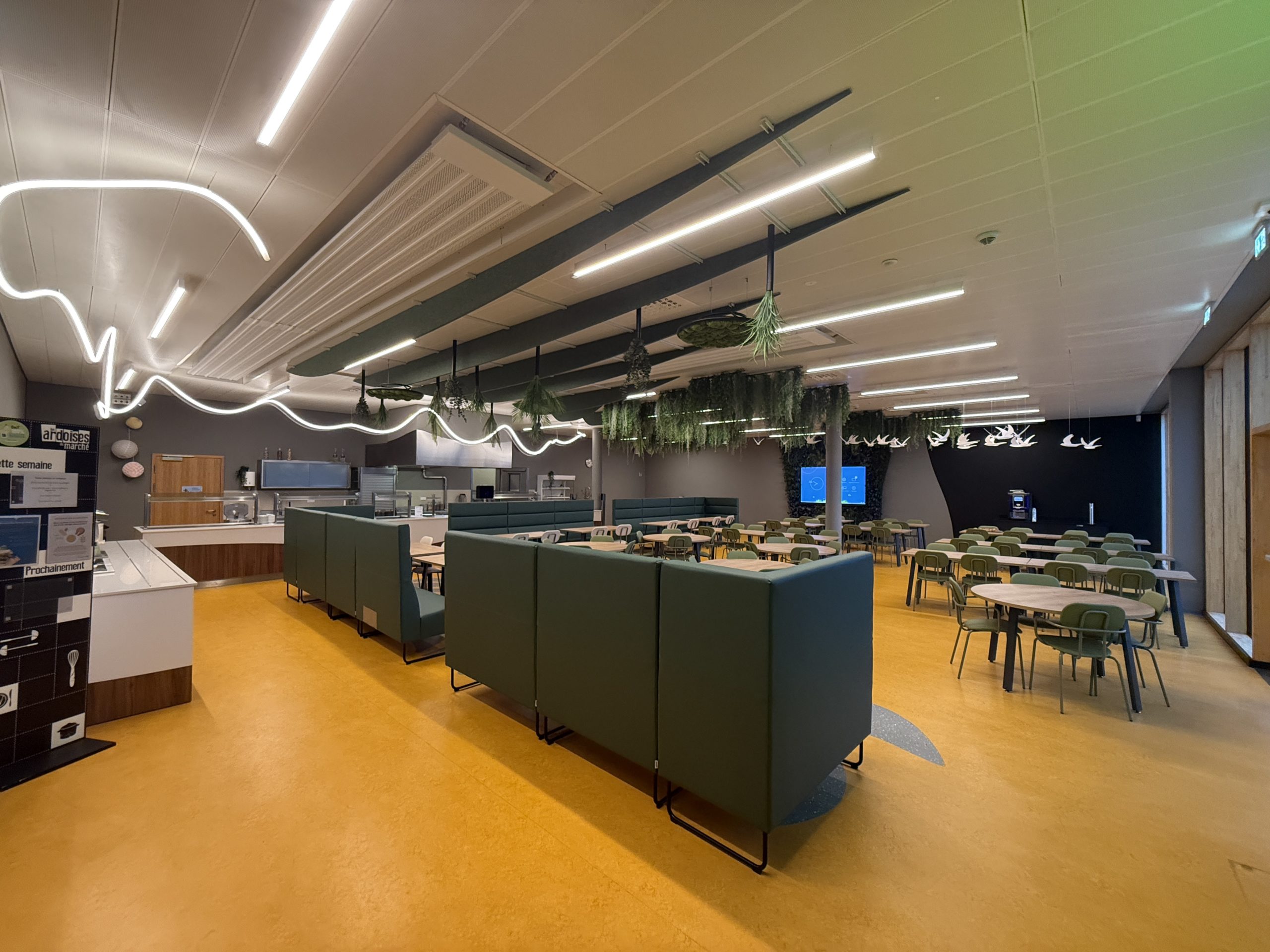 Partie centrale d’une cantine scolaire, avec banquettes vertes, zone de service ouverte et design sobre et moderne.