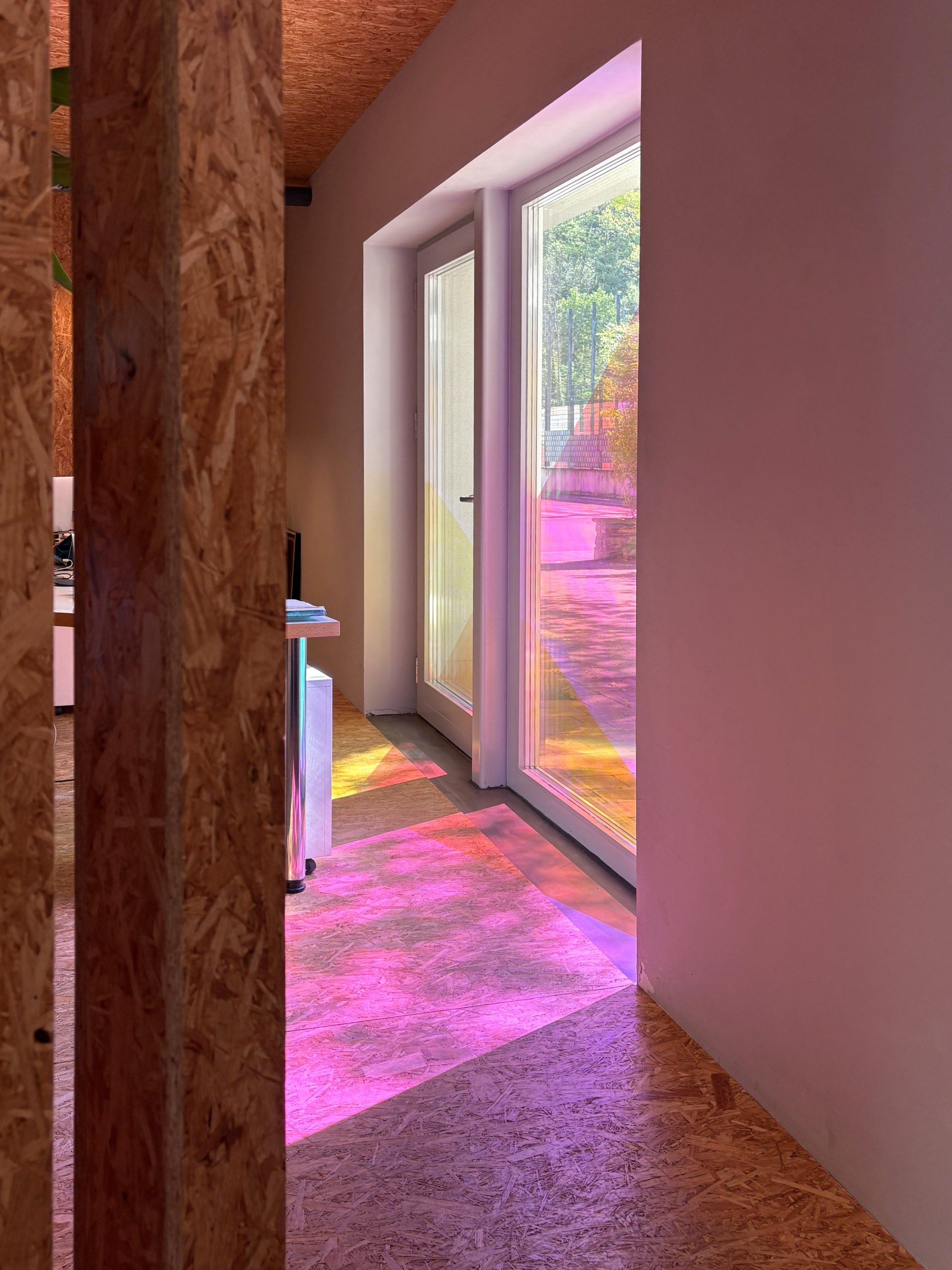 Sol rose avec reflets du vitrage holographique