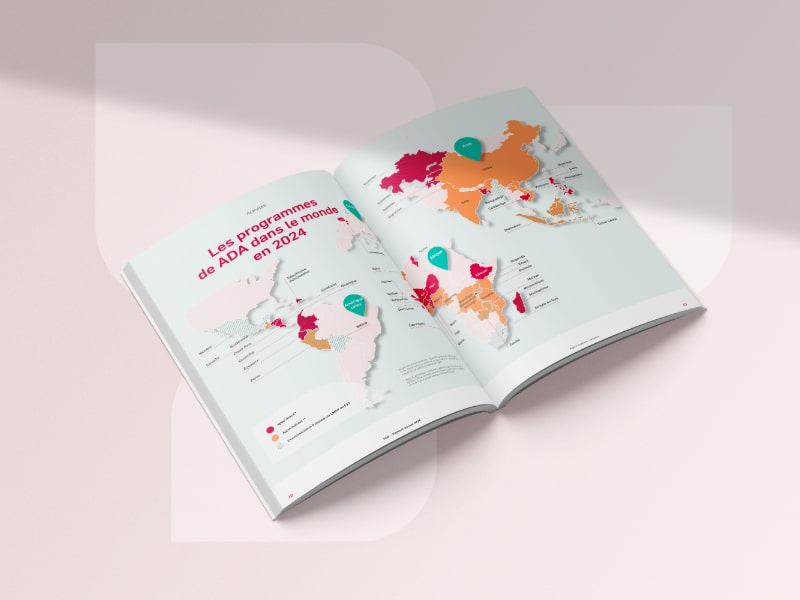 Carte mondiale extraite du rapport annuel d'ADA, illustrant les pays où ADA intervient en 2024 avec une légende codée par couleur.