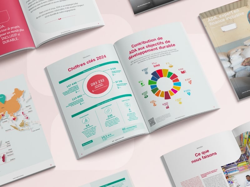 Double page du rapport annuel d'ADA montrant les chiffres clés 2024 et la contribution aux objectifs de développement durable à travers un graphique circulaire coloré.