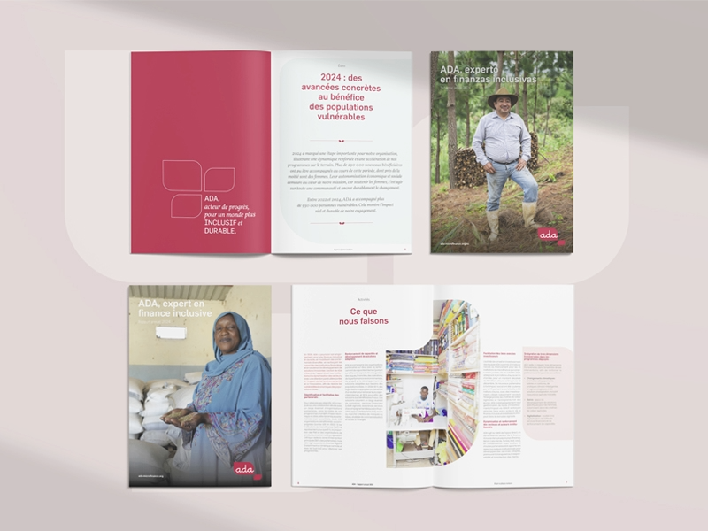 Extraits du rapport annuel d'ADA 2024 montrant des portraits de bénéficiaires, des pages de contenu sur les actions de l'organisation et une introduction sur les populations vulnérables.