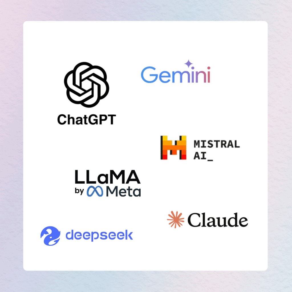Logo des IA, dont CHATGPT, GEMINI, MISTRAL, LLaMa, deepseek, Claude.