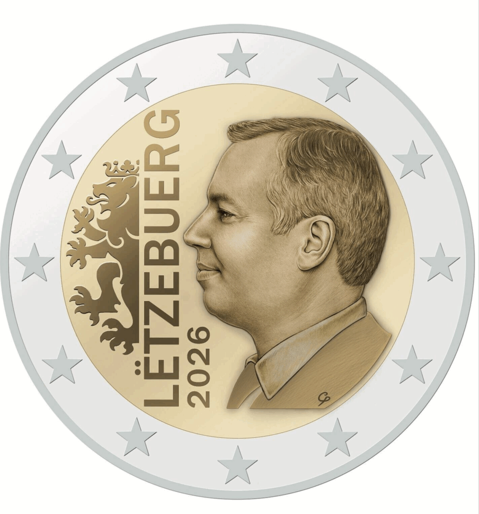 Pièce de 2 euros avec profil masculin, futur grand duc Guillaume et inscription « LËTZEBUERG 2026 »