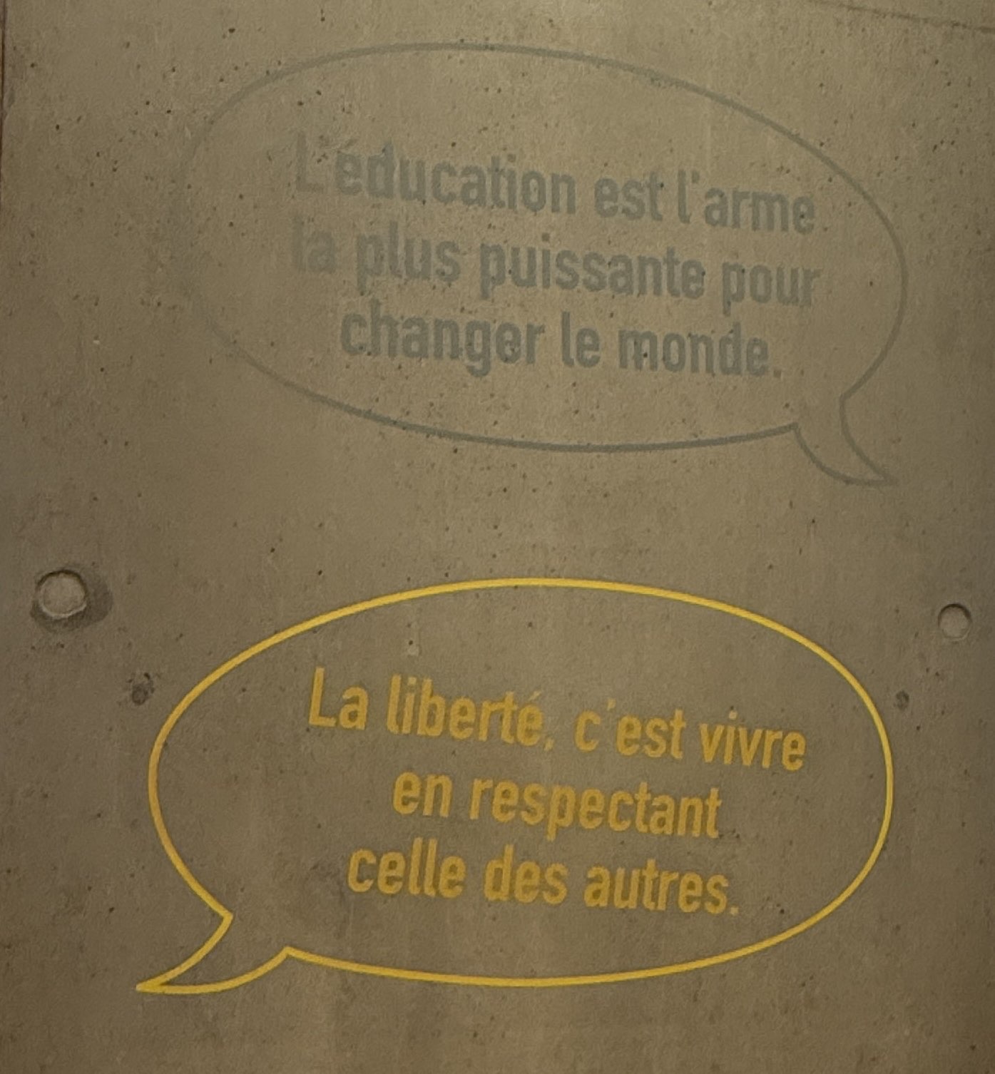 Mur en béton avec deux citations en bulles : « L’éducation est l’arme la plus puissante pour changer le monde. » et « La liberté, c’est vivre en respectant celle des autres. »