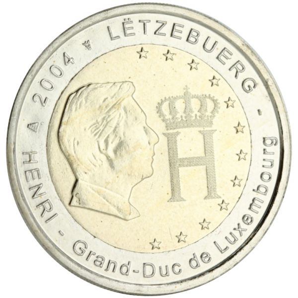 Pièce de 2 euros 2004, profil masculin, grand duc henri, couronne et lettre H, texte "LËTZEBUERG"