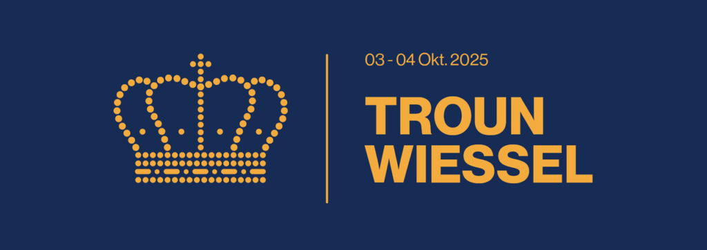 Bannière bleue « TrounWiessel » avec couronne orange en points, dates 03–04 Okt. 2025.