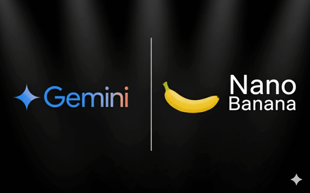 Gemini” avec icône étoile, trait vertical, emoji banane et texte “Nano Banana”, sur fond noir