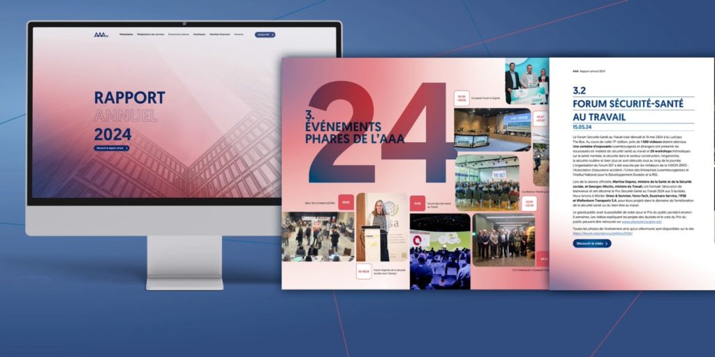 Mockup du rapport annuel 2024 de l’AAA : écran avec la couverture, et double-page avec « 3. Événements phares » (mosaïque de photos) et « 3.2 Forum sécurité-santé au travail »