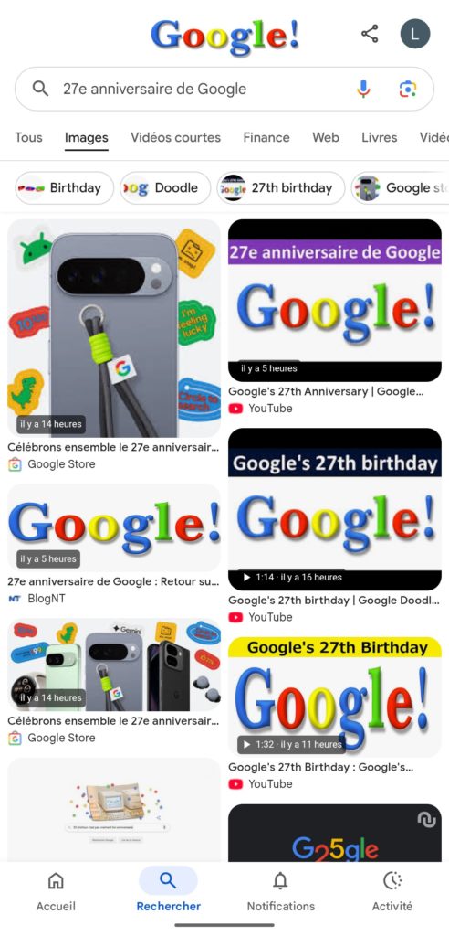 Capture d’écran Google Images pour “27e anniversaire de Google”, avec vignettes du vieux logo “Google!” et des visuels produits.