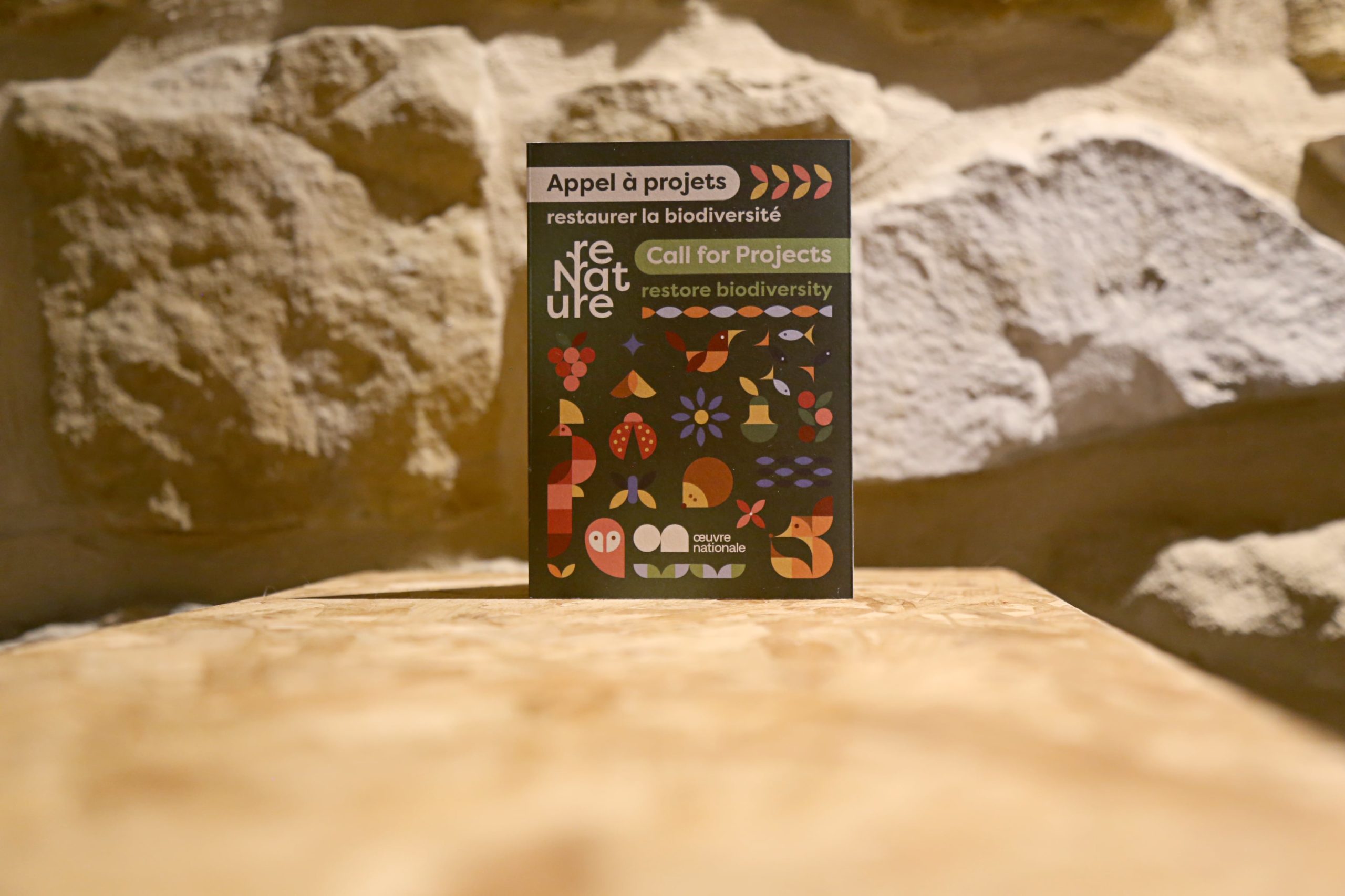 Brochure ReNature posée debout sur une table en bois devant un mur en pierre, mettant en avant l’appel à projets pour restaurer la biodiversité.