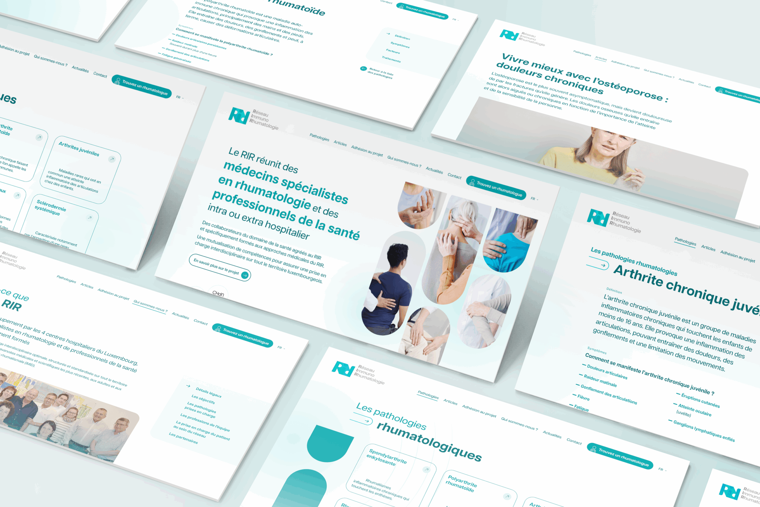 Mosaic de captures ecran du powerpoint du RIR montrant plusieurs pages avec contenus medicaux, visuels de patients et elements graphiques en bleu et turquoise.