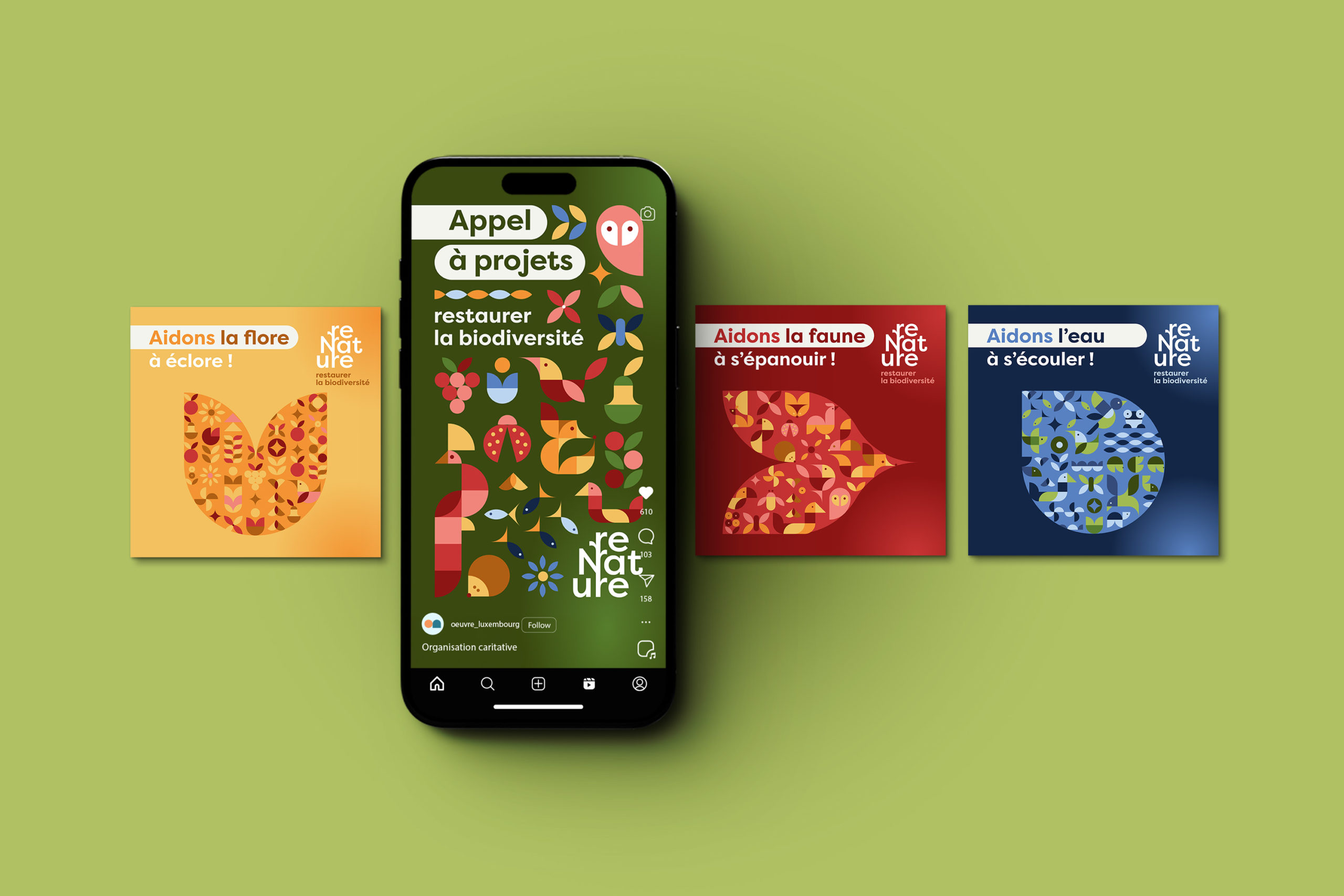 Visuel de campagne reNature sur fond vert clair montrant un smartphone au centre avec des motifs graphiques de biodiversite et trois visuels carre aux couleurs jaune rouge et bleu dedies a la flore la faune et leau pour promouvoir un appel a projets.