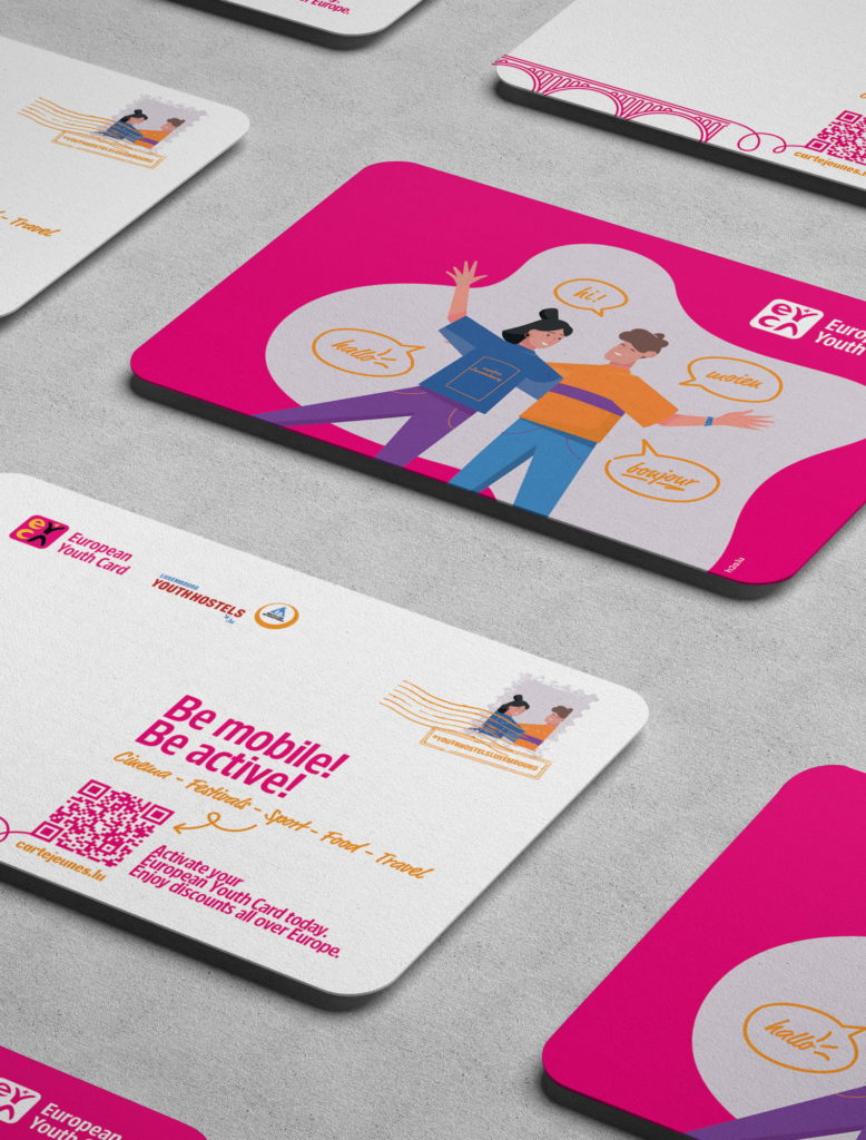 Supports de communication European Youth Card et Youth Hostels Luxembourg avec slogans "Be mobile! Be active!" et illustrations de voyage.