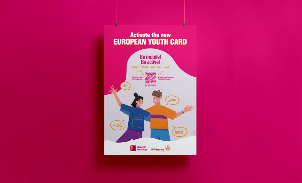 Poster promotionnel de la nouvelle European Youth Card Luxembourg : "Be mobile! Be active!", avec QR code pour activation et réductions voyage.