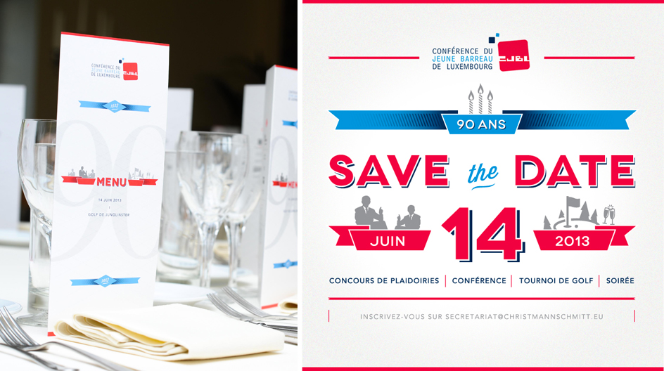 Save the date et menu pour les 90 ans de la Conférence du jeune barreau de Luxembourg
