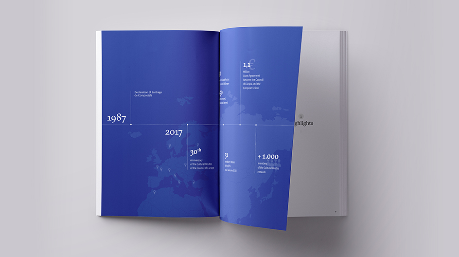 Intérieur du rapport annuel de 80 pages marquant les 30 ans des routes culturelles en europe