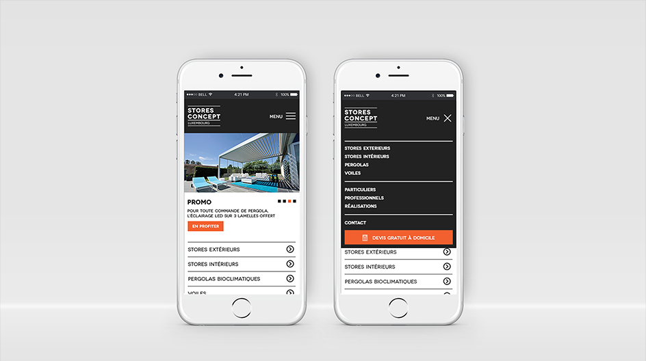 Affichage du site Stores Concept sur smartphone (site développé en responsive webdesign)