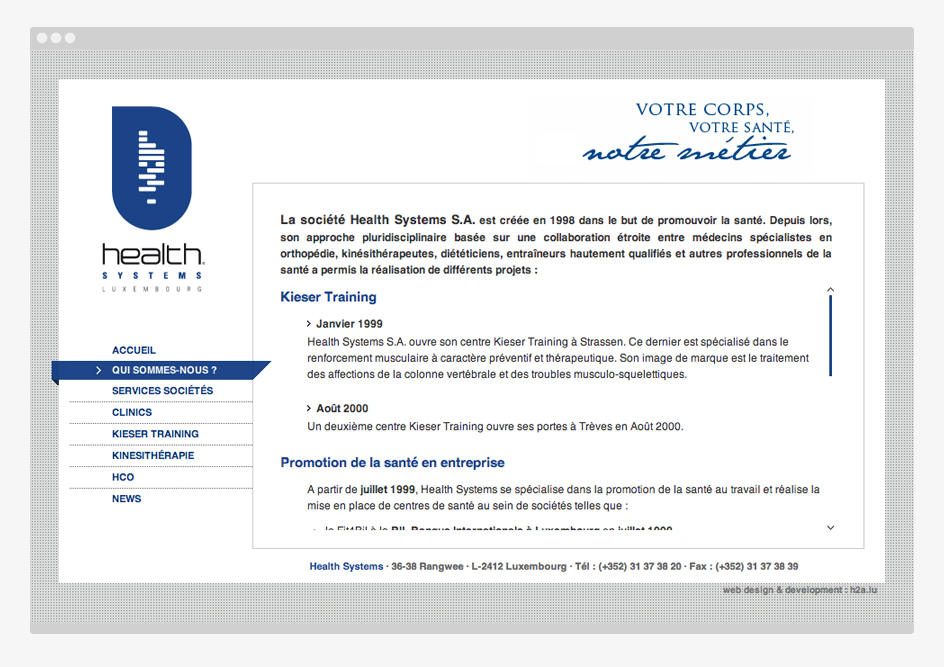 Site internet Health Systems, Luxembourg - Page de contenu