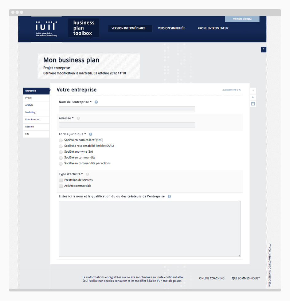 Site internet business plan toolbox, formulaire de départ