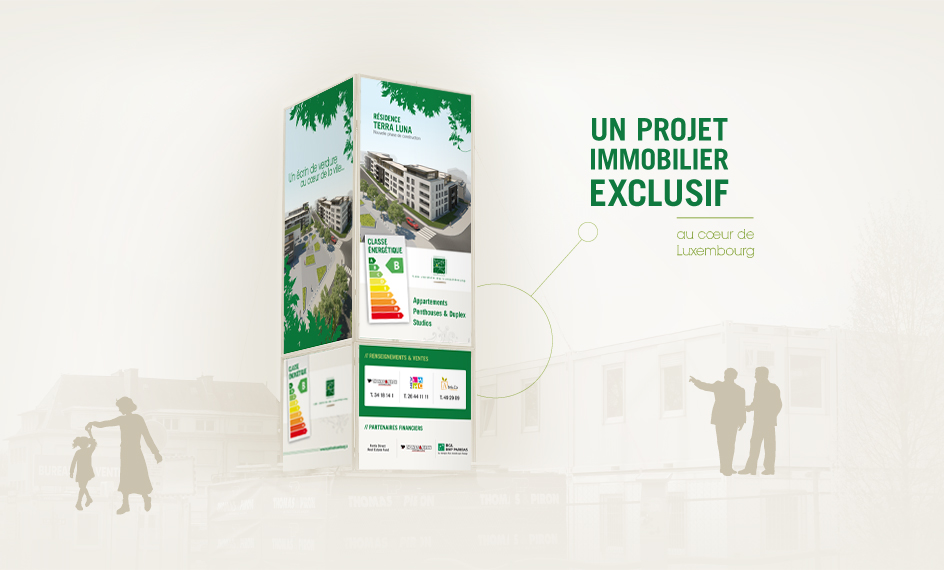 Totem de présentation - Habillage chantier - Projet Les Jardins du Luxembourg. By h2a