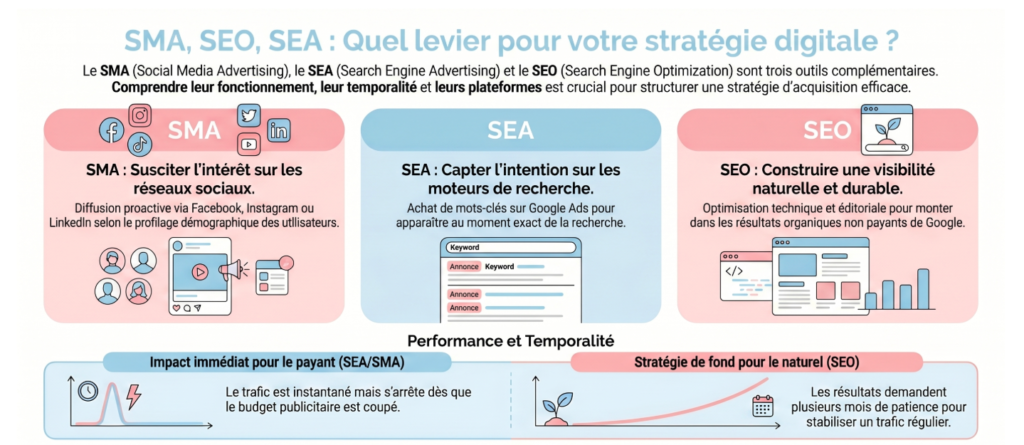 Cette image est de type informative. Il s'agit d'une infographie complexe et détaillée qui compare trois leviers d'acquisition du marketing digital (SMA, SEA, SEO) en expliquant leur rôle, leur fonctionnement et leur temporalité.