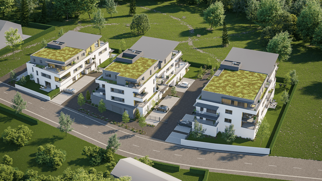 Communication d'un projet immobilier illustrée par une vue aérienne de résidences modernes avec toits végétalisés