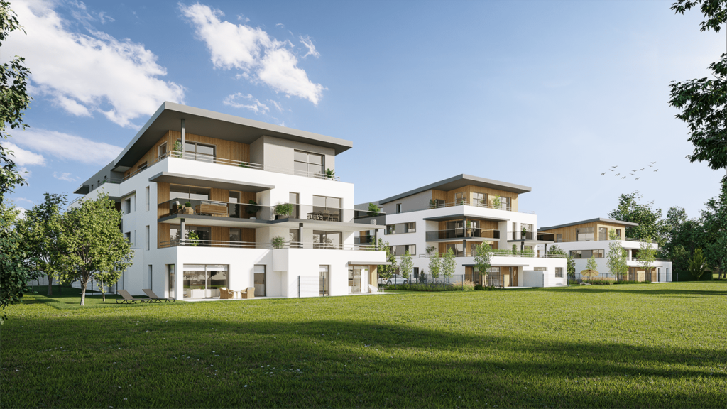 Communication d'un projet immobilier à travers une perspective d’immeubles résidentiels modernes entourés d’espaces verts