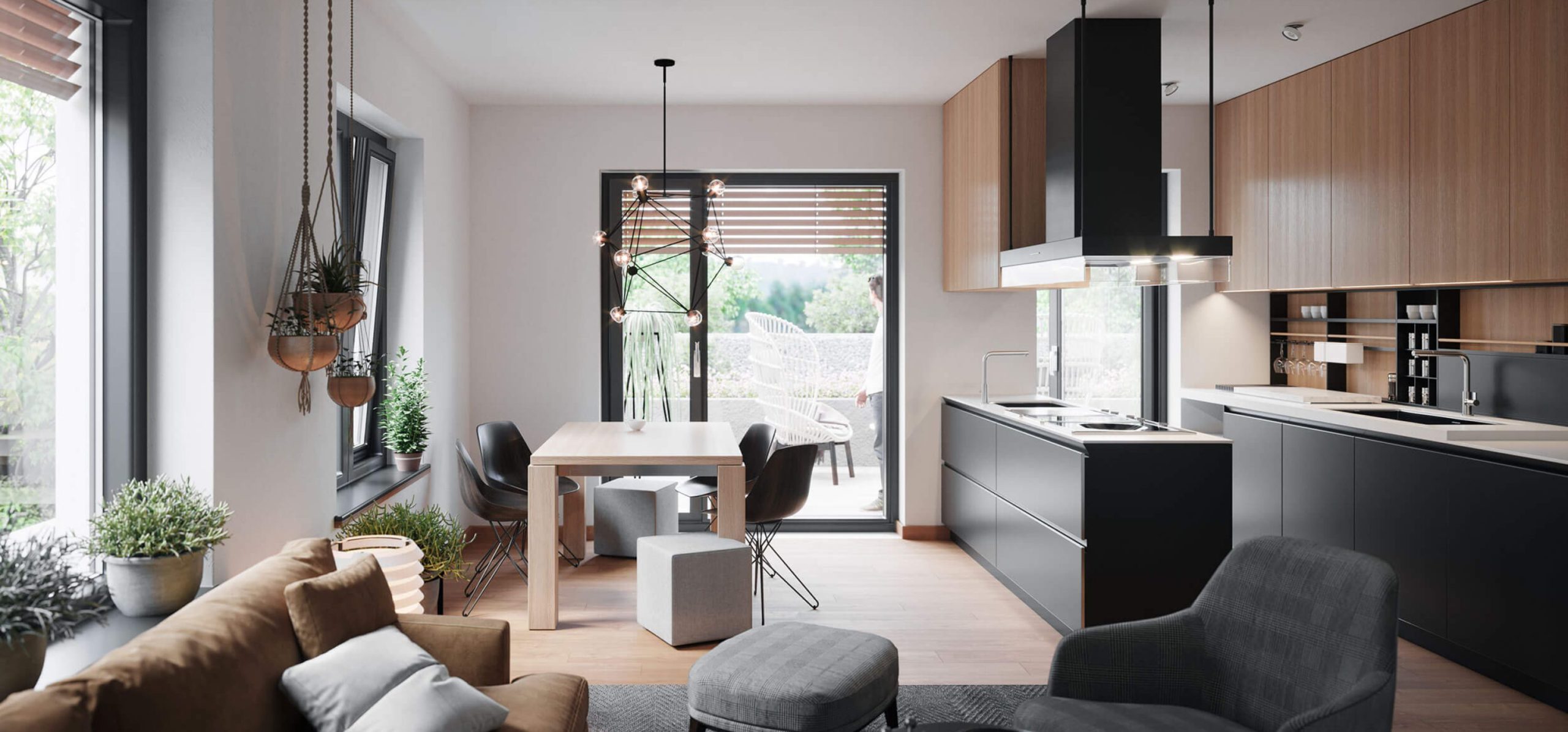 Rendu 3D d'un intérieur du projet Olton : cuisine ouverte et salle à manger