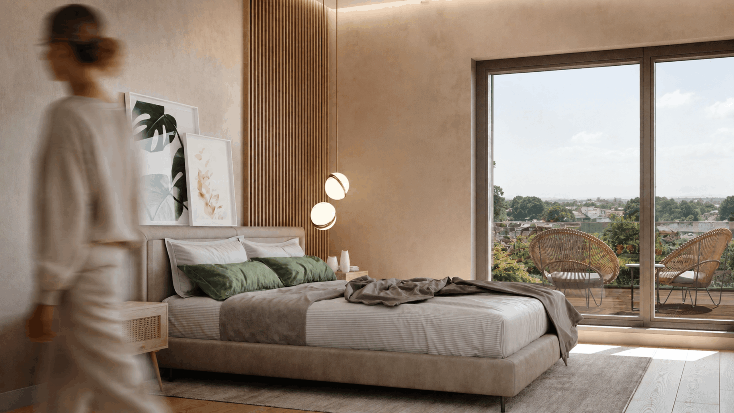 Rendu 3D d'une chambre du projet Olton (unité C005), vue sur les toits de Luxembourg