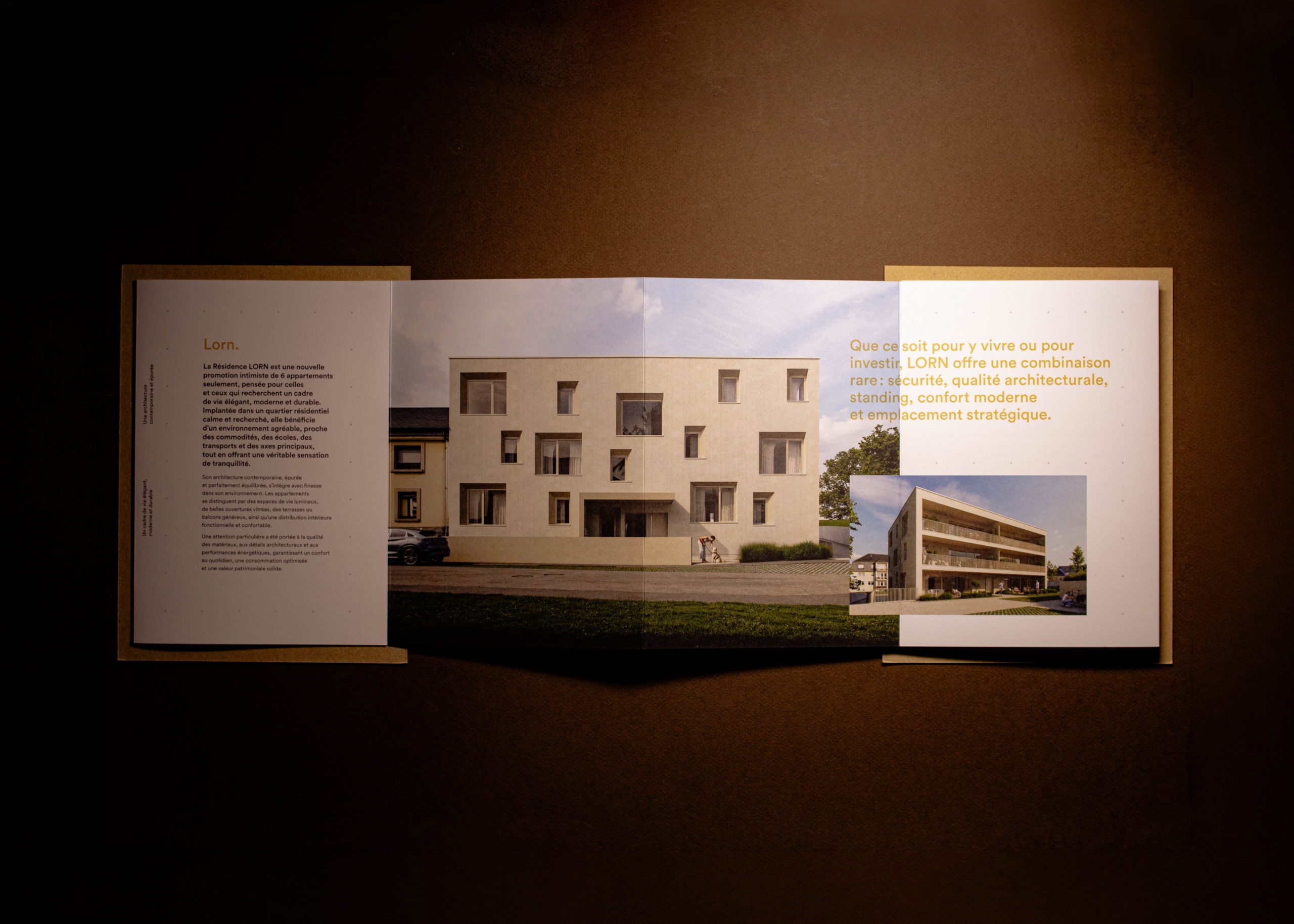 Double page de la plaquette « Lorn » présentant la résidence de 6 appartements à Luxembourg
