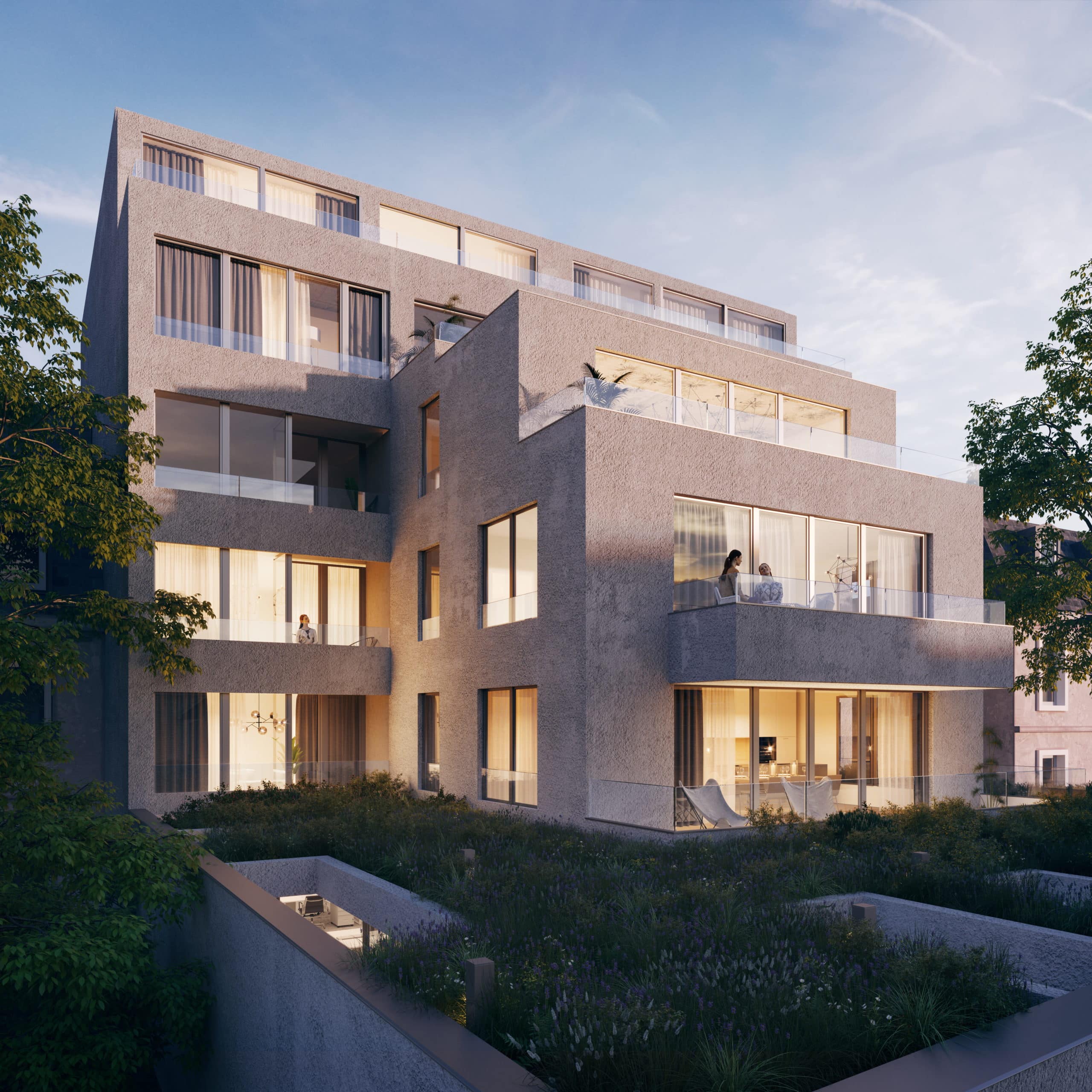 Rendu 3D de la façade du projet Oban : immeuble résidentiel avec balcons et jardins