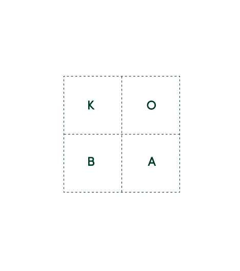Image animée montrant un logo composé de quatre carrés, disposés en deux lignes et deux colonnes, avec les lettres K, O, B et A placées dans chaque carré.