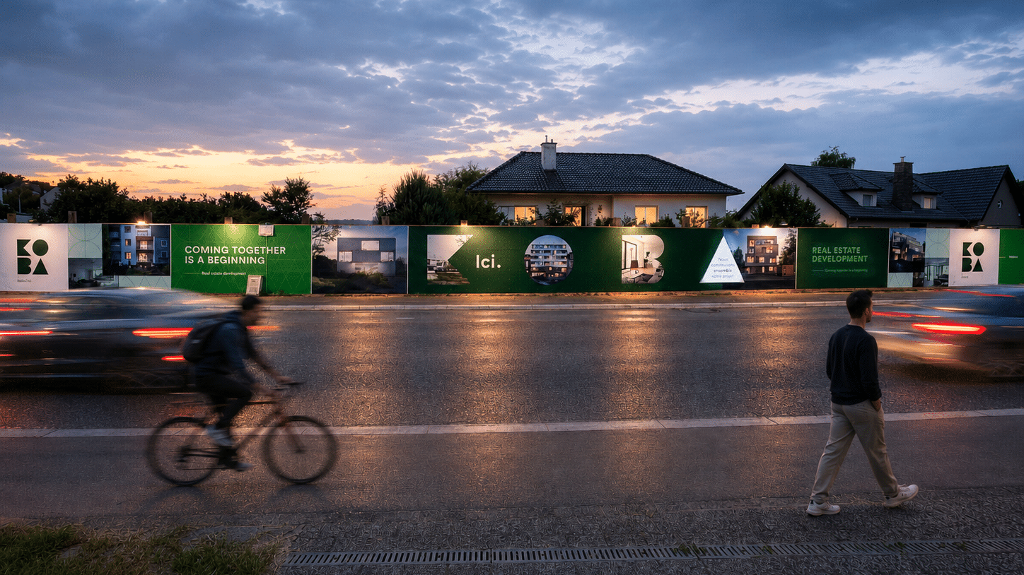 Palissade de chantier Koba installée le long d'une rue, au crépuscule