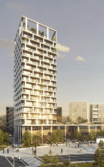 Communication d'un projet immobilier représentée par une tour résidentielle moderne et élancée dans un quartier urbain