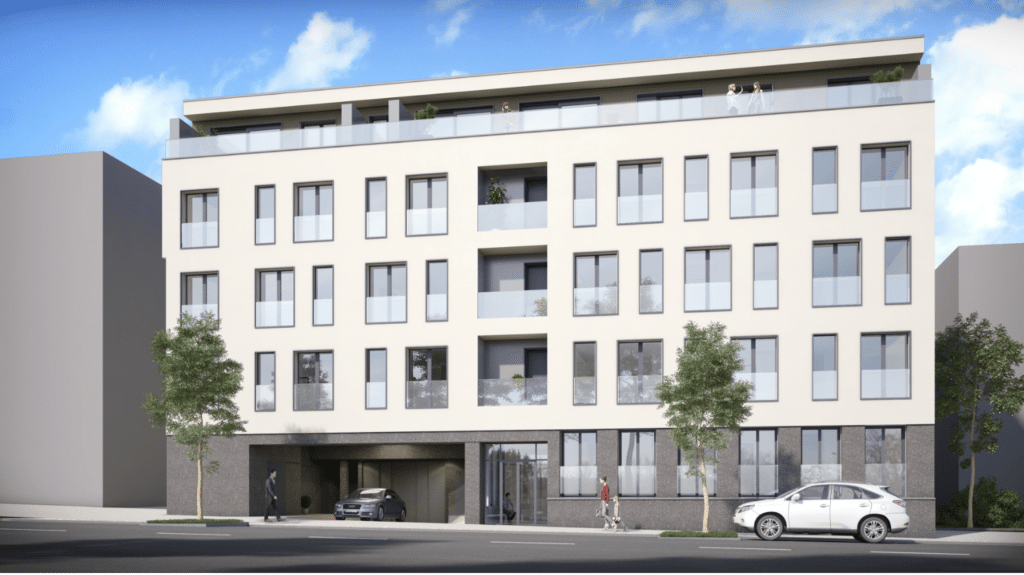 Communication d'un projet immobilier illustrée par un immeuble résidentiel moderne avec balcons et façade claire