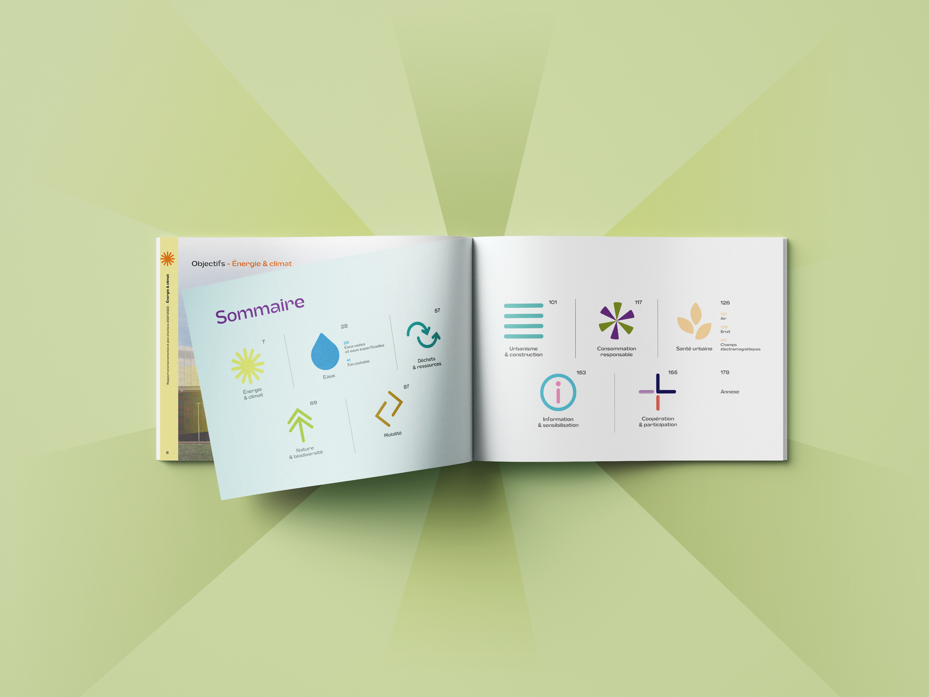 Double page du sommaire de la brochure Objectifs Énergie et climat, présentant les chapitres environnementaux comme l'eau, la nature, la mobilité et l'urbanisme.