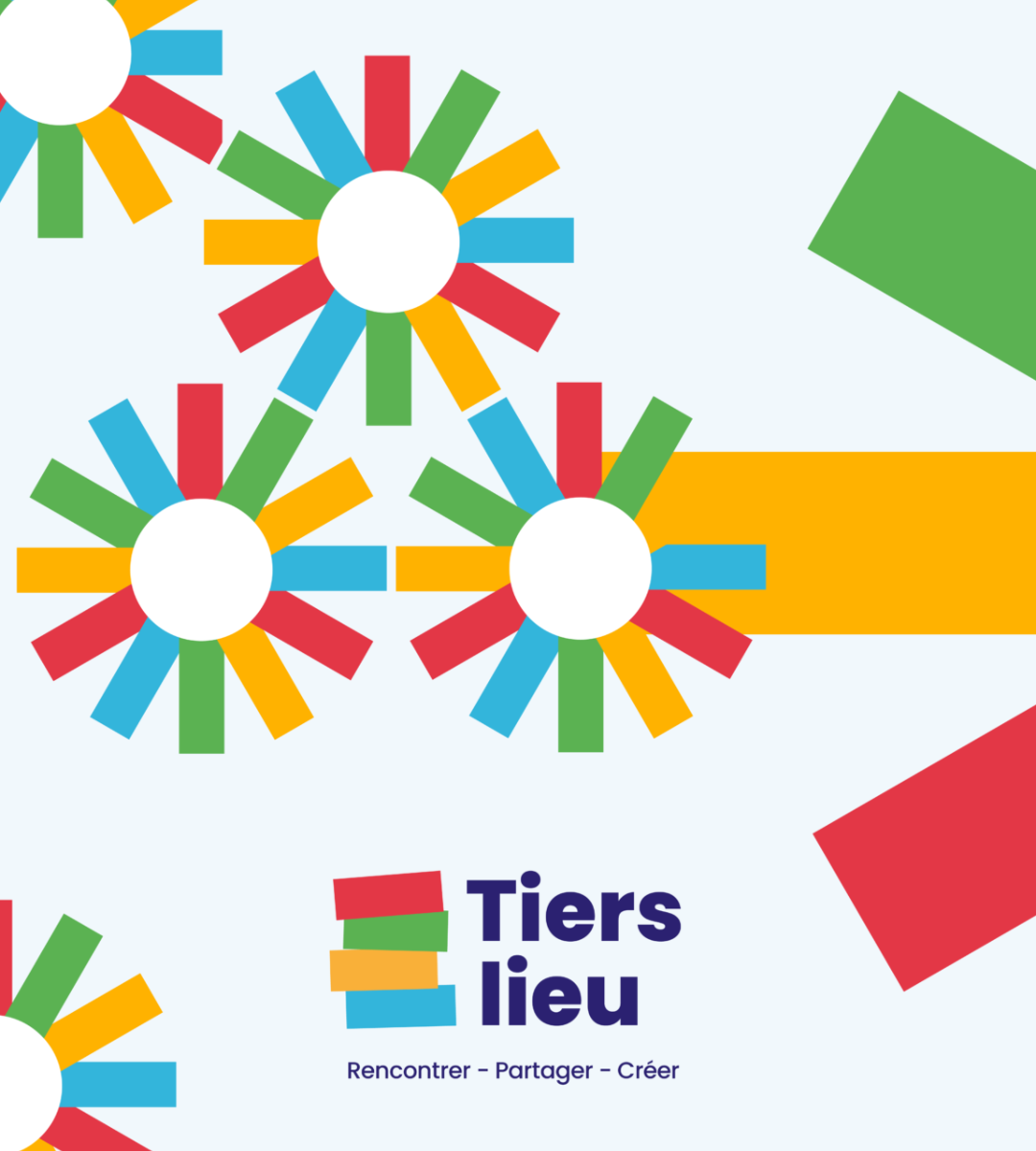 Illustration graphique aux rayons colorés présentant le Tiers lieu et ses missions principales : rencontrer, partager et créer.