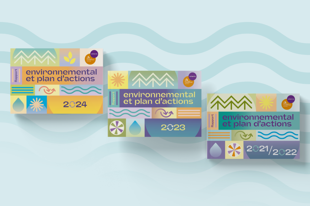 sur un fond bleu clair à vagues, l'alignement des couvertures de ce même rapport pour les éditions 2024, 2023 et 2021/2022, illustrées de divers motifs géométriques de nature.
