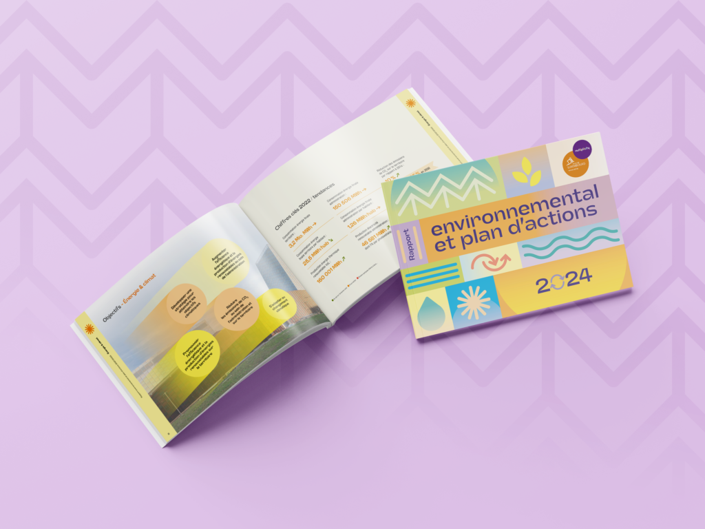 sur fond violet, un livret ouvert affichant des graphiques de données à côté de la couverture colorée du 'Rapport environnemental et plan d'actions 2024