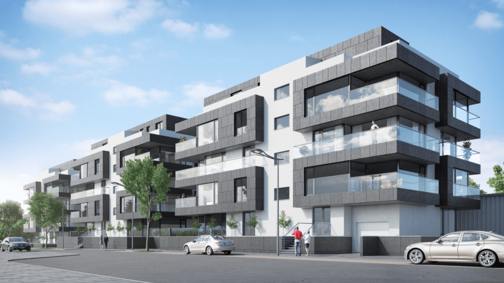 Communication d'un projet immobilier représentée par une résidence contemporaine aux lignes géométriques et aux balcons vitrés