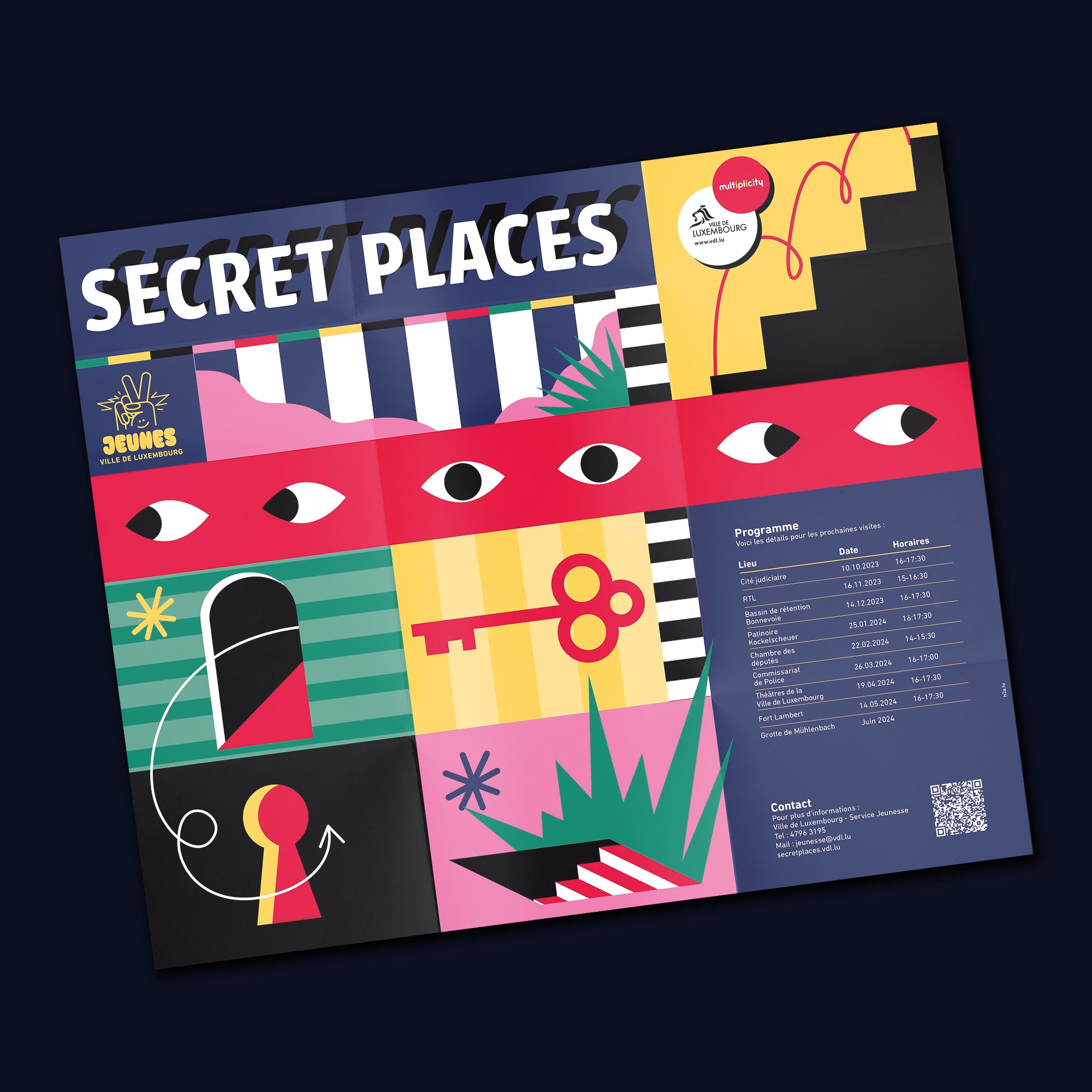 Flyer du programme Secret Places du Service Jeunesse de la Ville de Luxembourg, incluant le calendrier des visites et les coordonnées de contact.