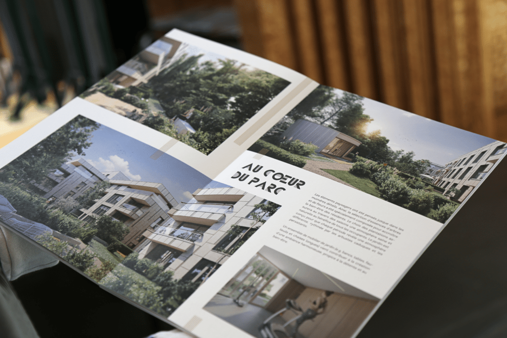 Cette image présente une double page d'une brochure mettant en avant un projet immobilier intégré dans un cadre verdoyant. On y voit plusieurs visuels du projet, notamment des résidences modernes entourées d'espaces verts luxuriants, un bâtiment aux lignes architecturales élégantes et une salle de sport équipée. Le titre Au cœur du parc insiste sur l'environnement privilégié du projet, mettant en avant la symbiose entre nature et habitat de prestige. Le texte explicatif détaille probablement les atouts du lieu, comme la proximité avec la nature, les équipements dédiés au bien-être et l'exclusivité du cadre de vie. L'ensemble de la mise en page est sobre et élégante, reflétant l'aspect haut de gamme du projet.
