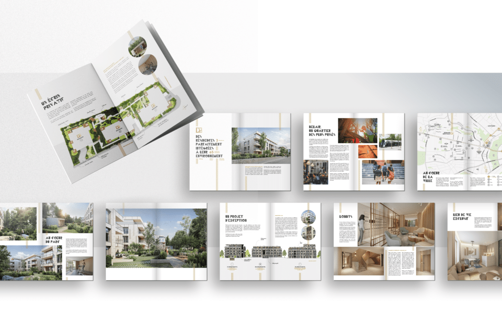 Cette image présente une mise en page soignée d'une brochure dédiée à un projet immobilier haut de gamme. Elle met en avant plusieurs doubles pages avec une esthétique raffinée et des visuels de qualité. On y retrouve des plans détaillés du projet, des images réalistes des bâtiments et des espaces verts, ainsi que des descriptions mettant en avant l'environnement, l'architecture et les prestations proposées. L'accent est mis sur l'intégration harmonieuse du projet dans son cadre urbain et paysager, avec un équilibre entre modernité, nature et confort. Les textes semblent détailler les caractéristiques du projet, ses avantages et sa localisation stratégique. L'ensemble donne une impression d'élégance et d'exclusivité.