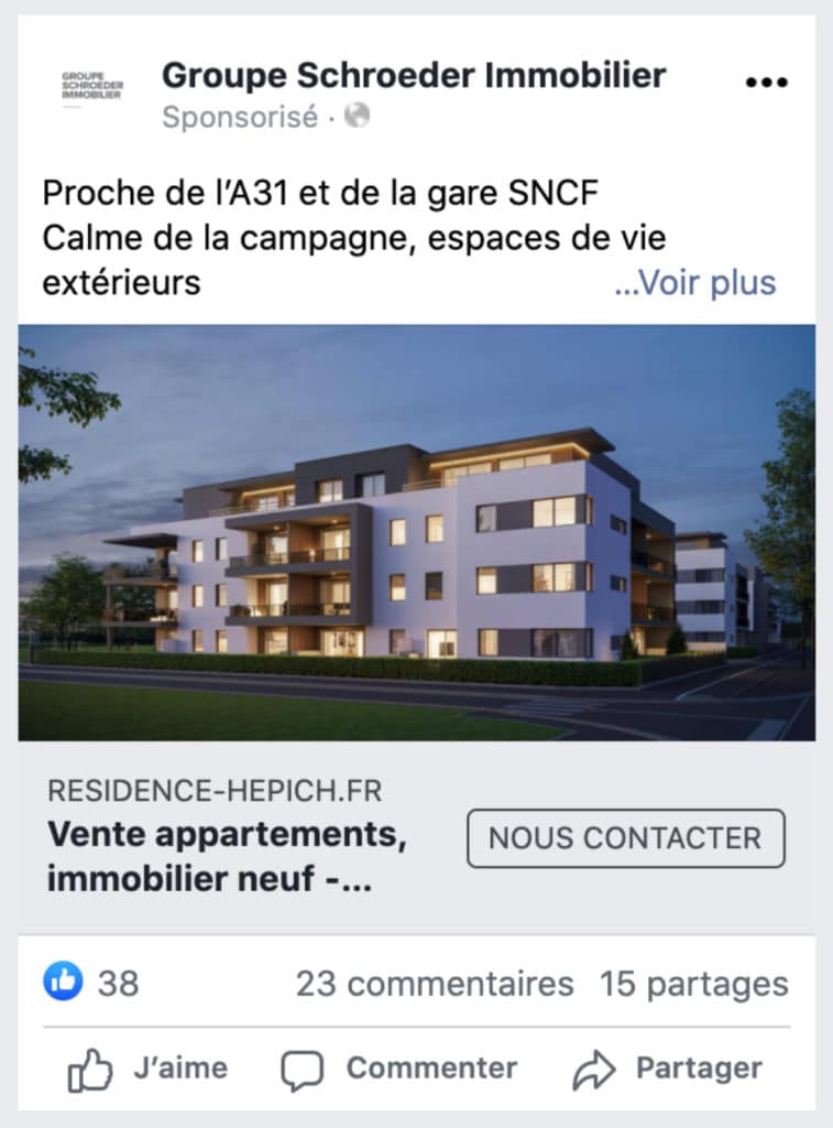 Communication d'un projet immobilier illustrée par une publicité sponsorisée sur Facebook pour la Résidence Hepich avec visuel d’immeuble moderne